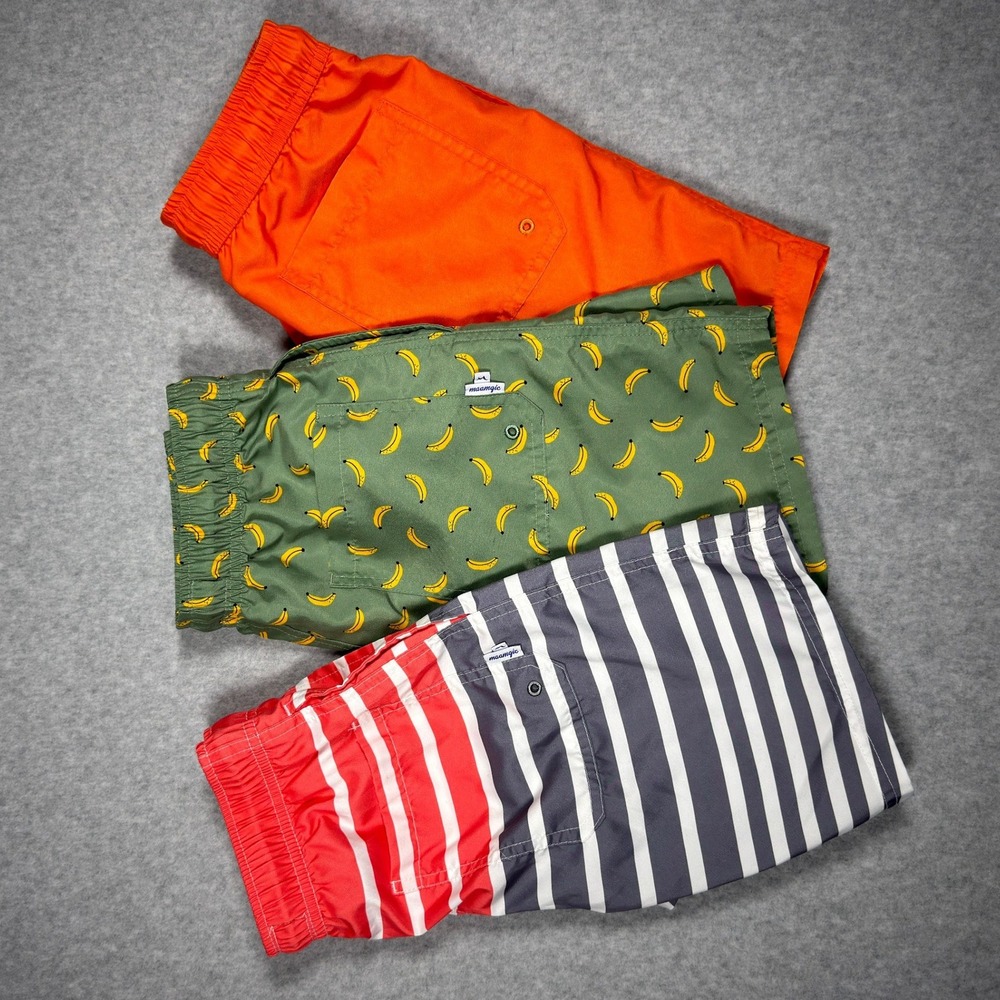 Maamgic Boys Swim Trunks Bundle 3 Pack Orange Banana Striped Board Shorts Kids